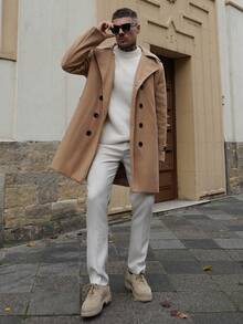 Artur Kramer 男士羊毛混纺双排扣长款大衣，秋冬季英伦风大衣 - 卡其色 - 查看 1