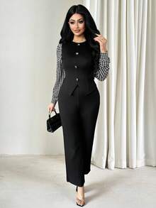 Vavine 优雅商务休闲女式办公室套装，女式千鸟格灯笼袖高弹力修身性感吊带背心和裤子两件套休闲套装 - 彩色 - 查看 5