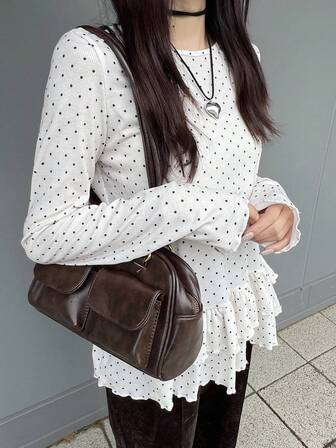 FRIFUL 여성 폴카 도트 프린트 러플 헴 긴소매 블라우스, 여름