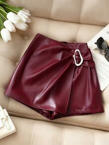 Franclia Quần short mini chất liệu da PU phong cách đường phố thường ngày dành cho nữ, thích hợp cho lễ tốt nghiệp, trang phục dự tiệc trở lại trường của giáo viên nữ, quần short dự tiệc màu đỏ dành cho nữ - Đỏ - Xem 8