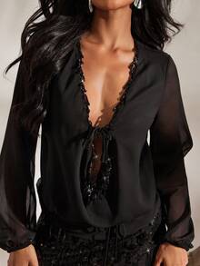 Opulessa Camicia da donna in colore tinta unita con decorazione a nappine, top nero trasparente, blusa nera sexy per vacanze, Natale, Capodanno, Ringraziamento, elegante blusa da festa, laurea, ballo di fine anno, lussuoso abito da sera