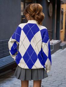 EURMUSE Women Mock Neck Diamond Pattern Drop Shoulder Pullover - Royal Blue - View 2