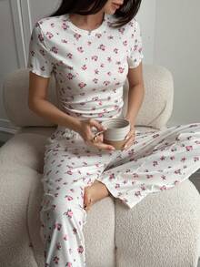 Livesso 女士两件套碎花家居服套装 - 白色 - 查看 5