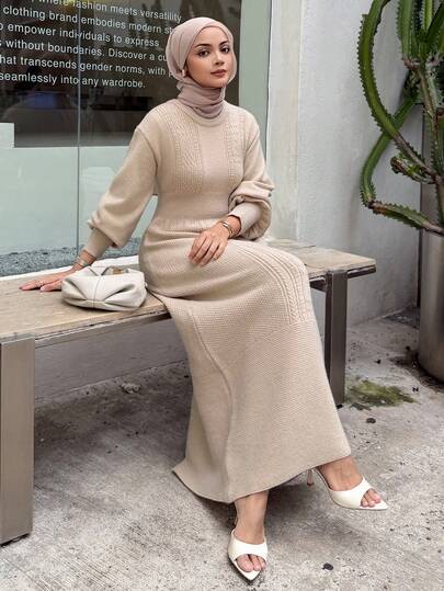 DAZY Women's Elegant Solid Color Crew Neck Sweater Dress, Autumn Modest Fashion