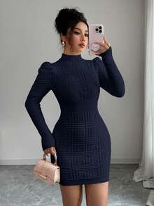 Elenzga Vestido de suéter de mujer con cuello alto, elegante, de Body ceñido y textura acanalada en la cintura - Azul Marino - Ver 6