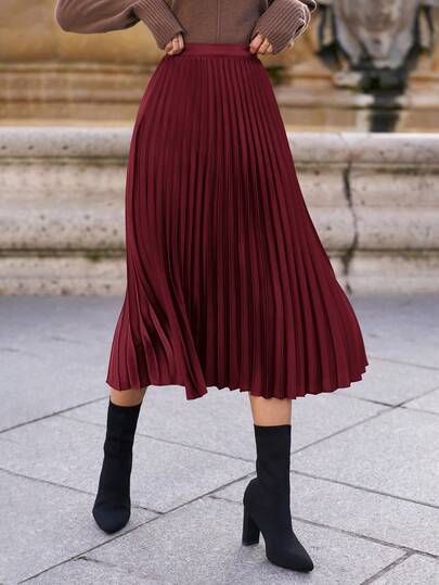 SHEIN Frenchy Women's Elegant Solid Color Pleated A-Line Skirt, Suitable For Commuting Winter Christmas Red New Year,Fall,Fall Clothes For Women Burgundy Spring Valentine's Day