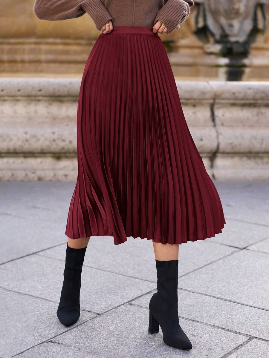 SHEIN Frenchy Jupe plissée élégante de couleur unie style A-line pour femmes, convient pour le trajet domicile-travail - Rouge foncé - Voir 1