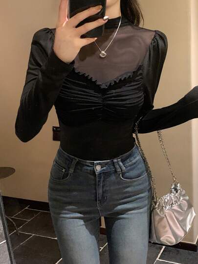 FRIFUL Women's Solid Black Mock Neck Sheer Mesh Ruched Hem Fitted Casual Layering T-Shirt, Versatile For Autumn/Winter Long Sleeve Women