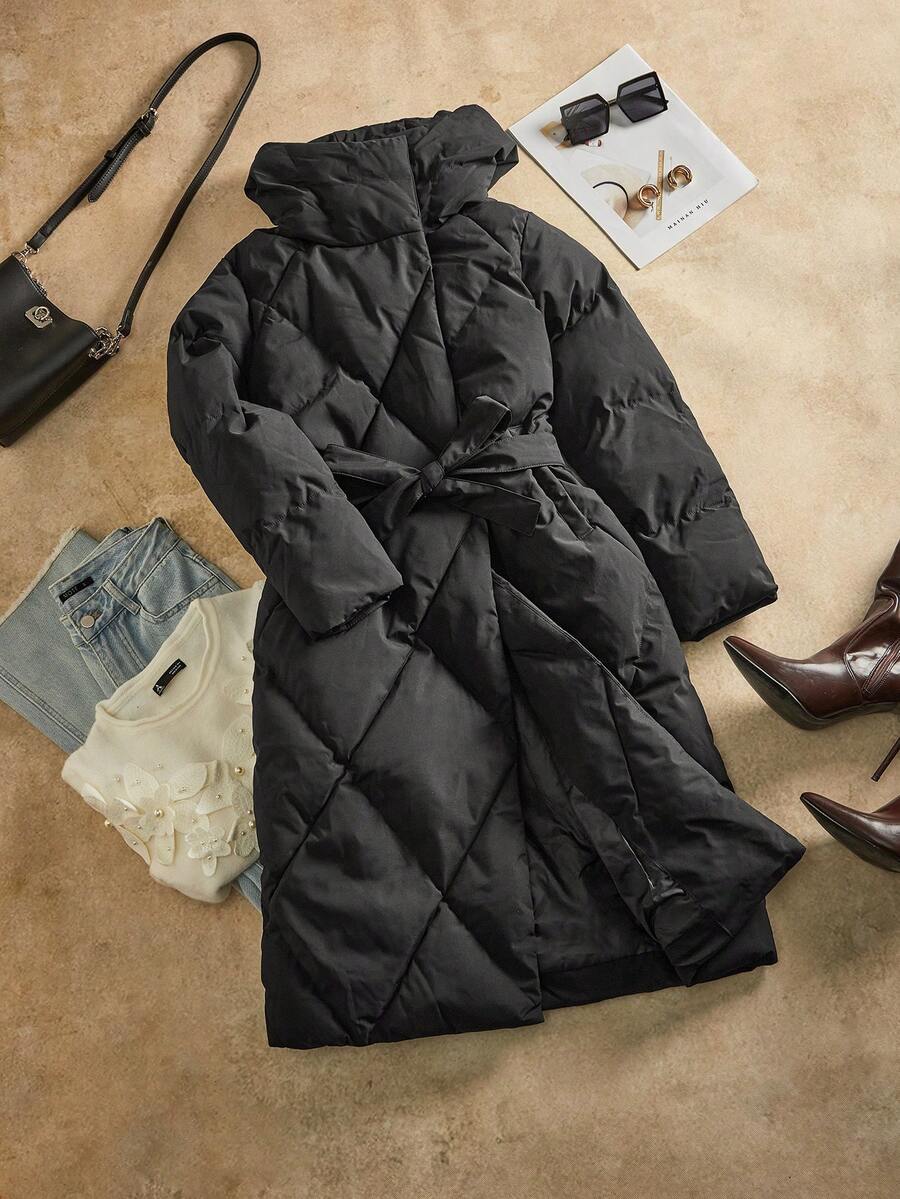 Anewsta Thick Long Hooded Quilted Women Jacket - Black - View 1