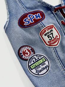 ROMWE Avant Women's Y2K Retro Jersey Sports Ballet Style Graphic Logo Embroidered Drawstring Low Waist Sexy Cropped Denim Top - Baby Blue - View 3