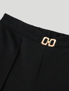 Sweetra Petite 小码女式通勤极简针织弹力纹理面料金属装饰腰部修身长裤 - 黑色 - 查看 5