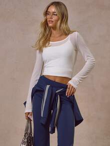 MUSERA Double Layered Scoop Neck Skinny Strap Sheer Long Sleeve Top Autumn Winter Cool Streetwear Going Out Casual Everyday - White - View 1