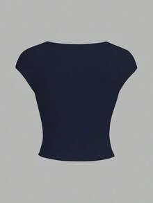 INAWLY Solva Solid Color Heart Neck Fitted Sleeveless Casual T-Shirt, Summer - Navy Blue - View 2