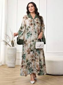 Al Najma Vestido árabe feminino plus size com decote em V e pintura a tinta em cores contrastantes - Verde - Ver 2