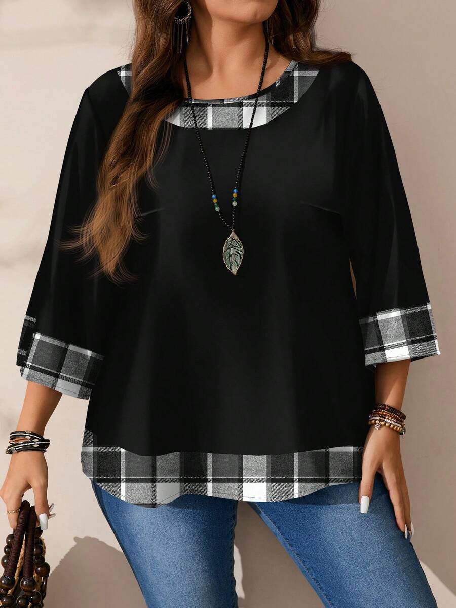 EMERY ROSE Plus Size Women Casual All-Over Print Round Neck Loose 3/4 Sleeve Shirt, Autumn/Winter - Multicolor - View 1