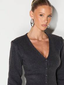 KIZN Charcoal Ribbed V Neck Button Front Cropped Cardigan With Balloon Sleeves Fall Winter Knit Sweater - Grey - View 5