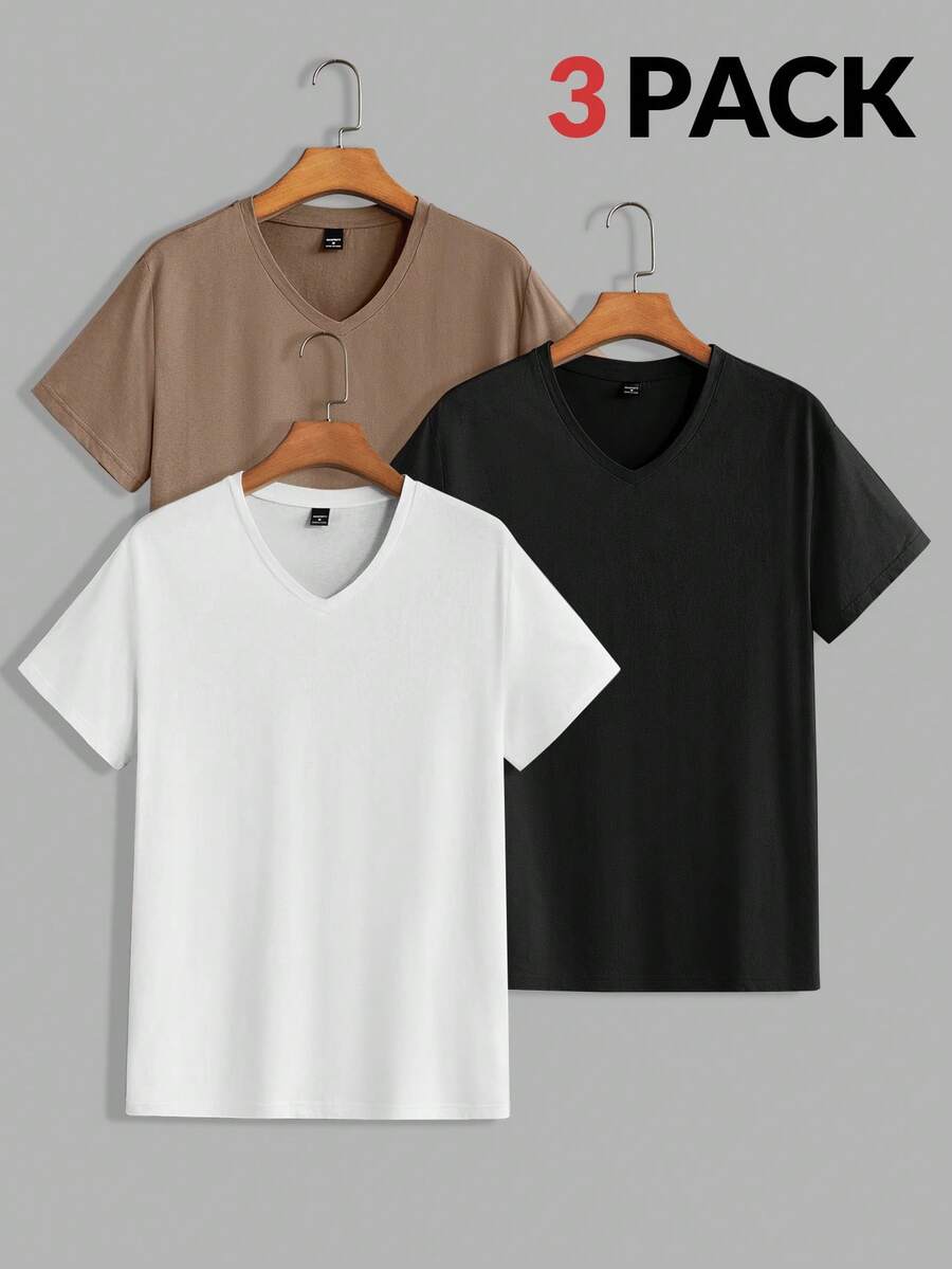 Manfinity BRENVOR 3pcs Pack Men's Solid Color Casual V-Neck T-Shirt For Summer - White - View 1