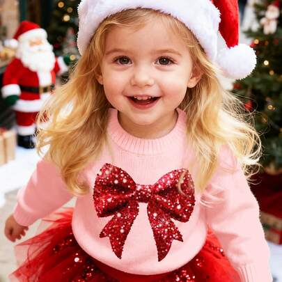メリークリスマス、ベビーガール可愛いクリスマスレッドリボン柄、ライトピンクのセーター、バレエスタイル、クリスマスリミテッドエディションギフト、ヴィンテージ暖かいクリスマス