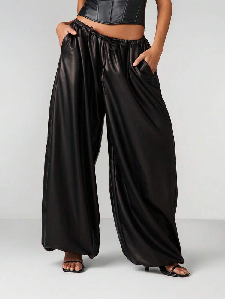 MISSGUIDED High Waisted Faux Leather Wide Leg Palazzo Pants With Drawstring Waist And Side Pockets