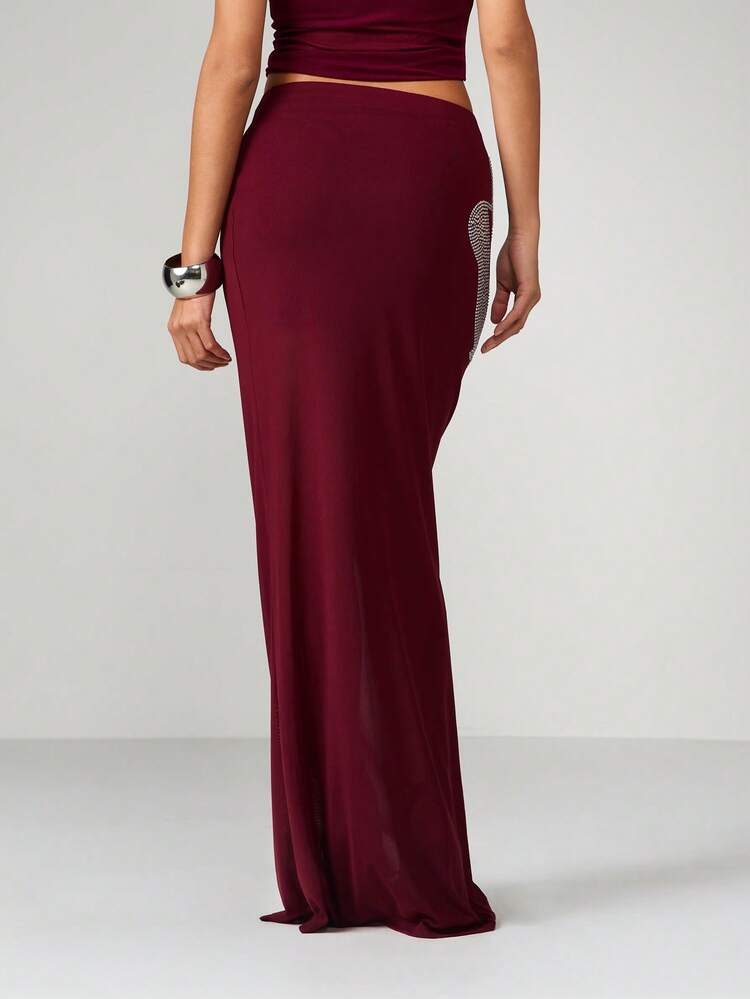 MISSGUIDED Oversized Rhinestone Rose Embellished Maxi Skirt With Mesh Panels For Evening Party Christmas