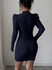 Elenzga Vestido de suéter de mujer con cuello alto, elegante, de Body ceñido y textura acanalada en la cintura - Azul Marino - Ver 2