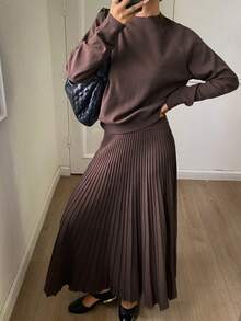 DAZY Women Solid Color Crew Neck Long Sleeve Top And Pleated Skirt Sweater Set - Coffee Brown - View 4