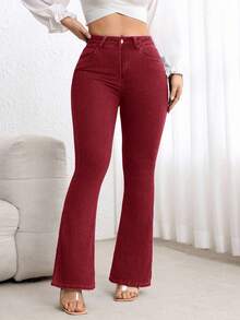 Flexra Plus Size High Waist Slim Fit Flare Leg Washed Dark Blue Jeans - Red - View 4