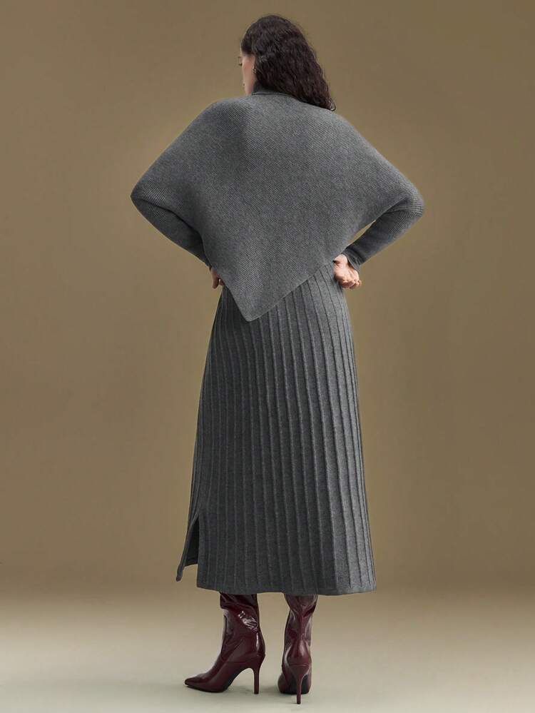 Women's Gray Loose Fit Turtleneck Drop Shoulder Asymmetrical Hem Knitted Wool Blend Sweater,Elegant Office Autumn Effortless Chic Old Money Style