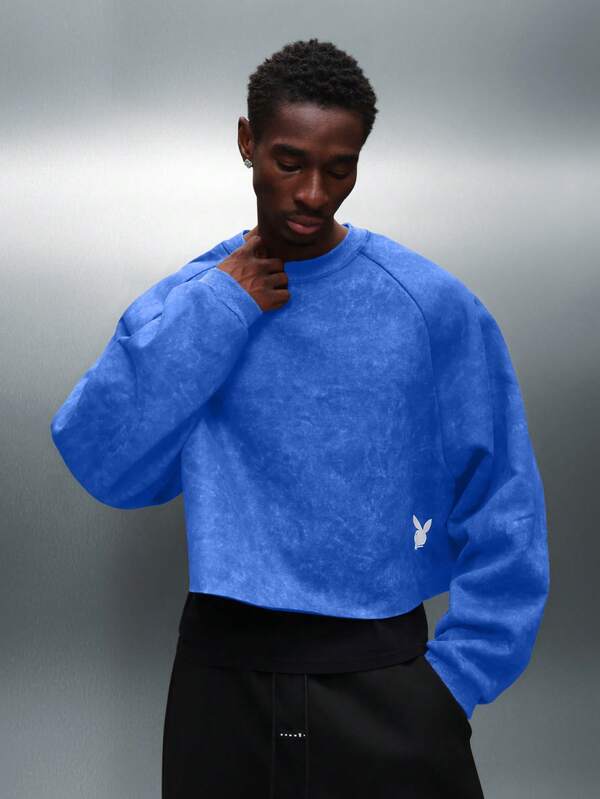 PLAYBOY X SUMWON Essentials Washed Effect Cropped Long Sleeve Sweatshirt With Ribbed Crew Neck And Raglan Sleeves