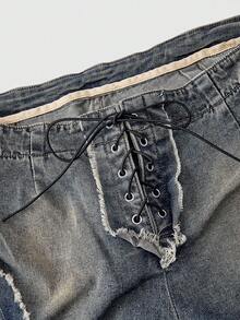 ROMWE Grunge Punk Y2K Baddie Hollow Eyelet Lace-Up Decor Plus Size Skinny Flare Jeans - Blue - View 3