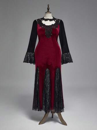 Goth فستان أنيق بأكمام واسعة وذيل سمكة ذو طوق من الدانتيل الأنيق بطراز جوتيك، فستان رسمي فاخر لحفلات الخريف/الشتاء بمقاسات كبيرة، فستان مخملي أحمر فاخر بطراز رجعي لحفلات عيد الميلاد بمقاسات كبيرة