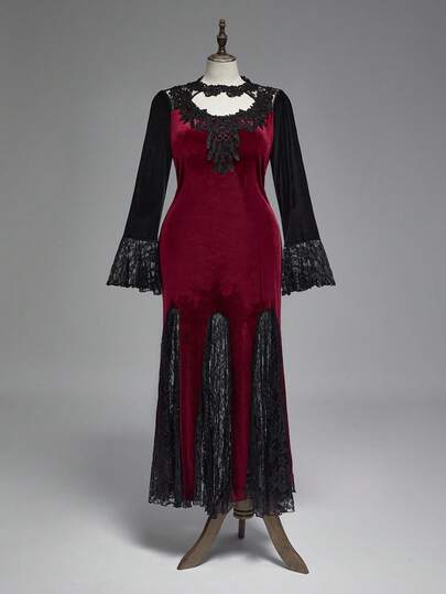 Vintage Elegant Gothic Collar Floral Lace Flare Sleeve Fishtail Hem Dress, Plus Size Autumn/Winter Banquet Formal Gown, Christmas Party Plus Size Luxurious Retro Velvet Red Dress