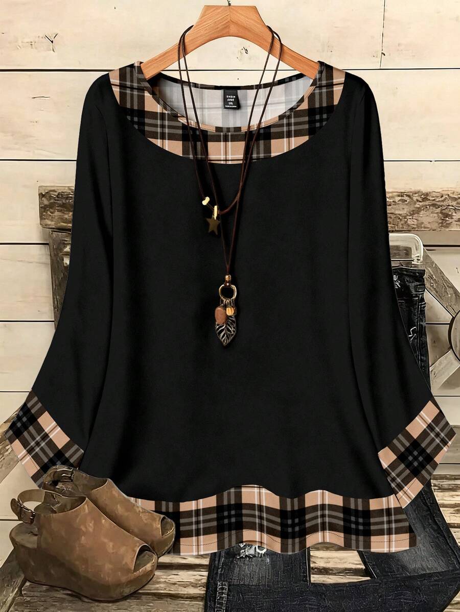 EMERY ROSE Plus Size Women's Casual Romantic Plaid Pattern Colorblock Print Round Neck Loose 3/4 Sleeve Shirt, Black - Multicolor - View 1