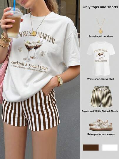 Jouncy Women's Two Pieces Set, Short-Sleeved Round-Neck T-Shirt, Loose Women's Shorts, Summer Comfort, Cocktail Print Pattern