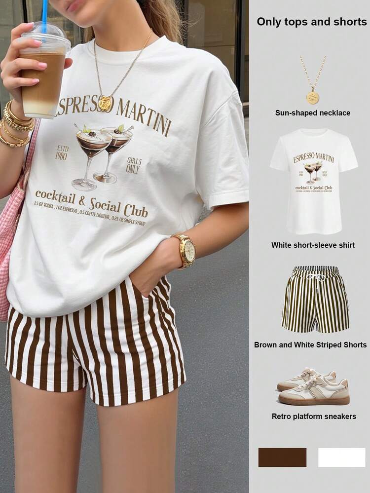 Jouncy Women's Two Pieces Set, Short-Sleeved Round-Neck T-Shirt, Loose Women's Shorts, Summer Comfort, Cocktail Print Pattern - Multicolor - View 1