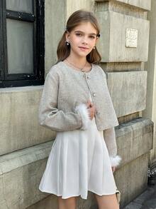 Girls Short Fluffy Elegant White Faux Fur Jacket, Autumn/Winter