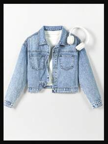 Sparklyn 少女休闲时尚复古个性四季皆宜水洗牛仔外套，休闲运动风，2025秋冬新款，适合日常穿着，学院风、街头风、休闲风、可爱风、复古风、千禧年代风、流行风、波西米亚风、秋季街头风