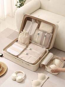 9pcs/7pcs/1pc Travel Organizer Set, Packing Cubes, Clothes Storage Bags, Toiletry Bag, Makeup Bag, Data Cable Organizer, Shoe Bag, Underwear Pouch, Garment Organizer, Suitable For Shirts, Lingerie, Clothing, Cosmetics, Lipsticks, Eyeshadow, Foundation, Brushes And Toiletries Like Toothbrush, Toothpaste, Facial Cleanser, Toner, Lotion, Cream, For Travel, Hospitalization, Packing Luggage, Dorm, School, Vacation - Multicolor - View 4