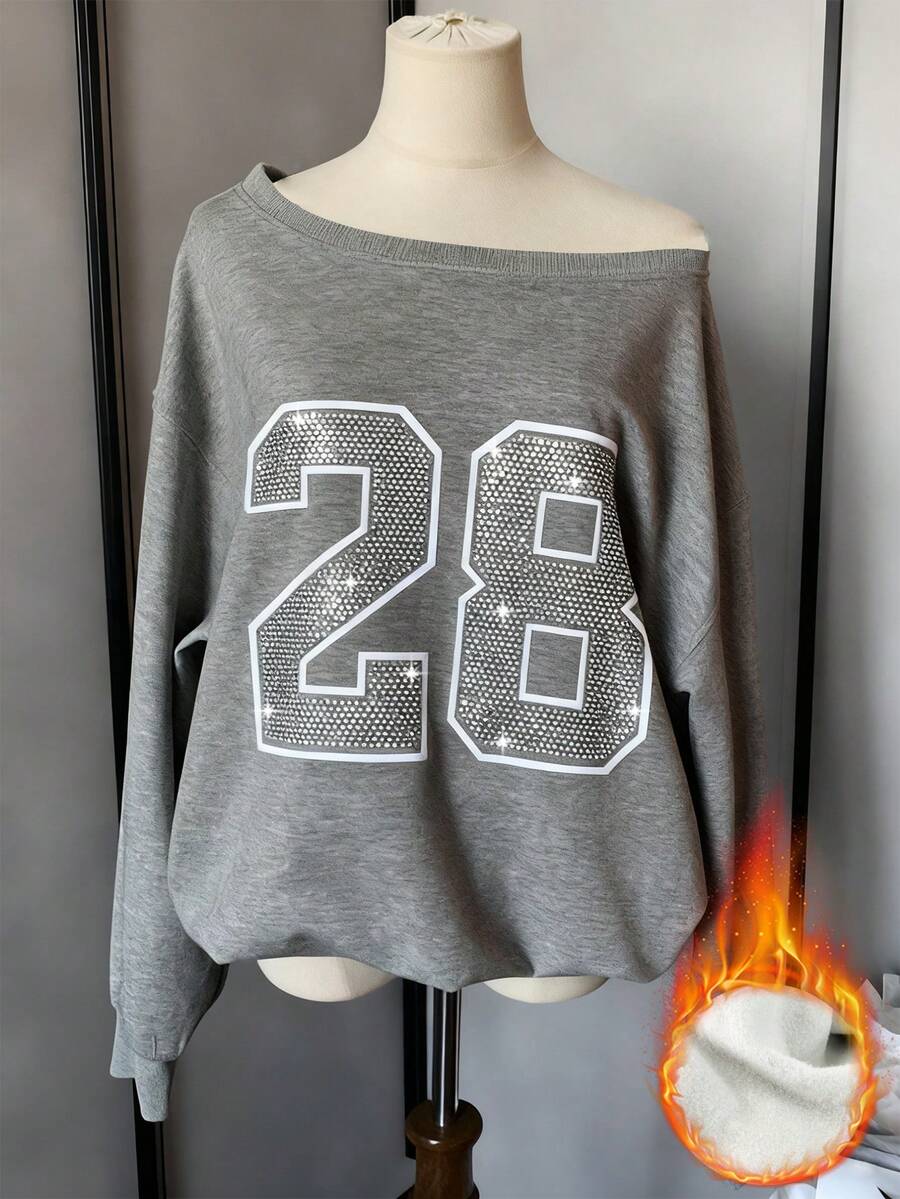 Franclia Women's Off-Shoulder Sweatshirt Rhinestone Embellishment Gray,Autumn,Casual,Occasion,Back-To-School Long-Sleeved Pullover Thanksgiving New Year's Top - Grey - View 1