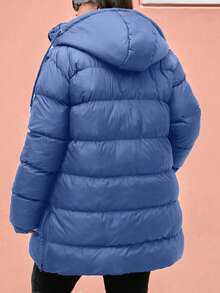 EURMUSE Plus Size Zip Up Drawstring Hooded Padded Coat - Navy Blue - View 2