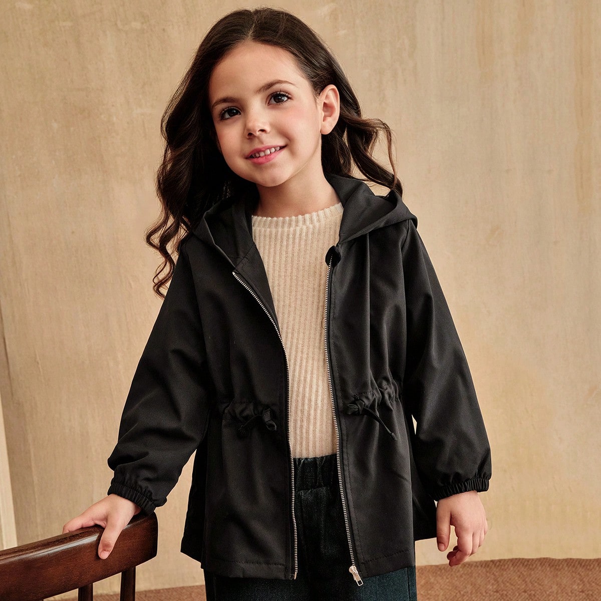 Pieza Chaqueta con capucha de unicolor casual para niña joven con diseño de cintura, adecuada para usar en otoño e invierno, aplicable para la escu