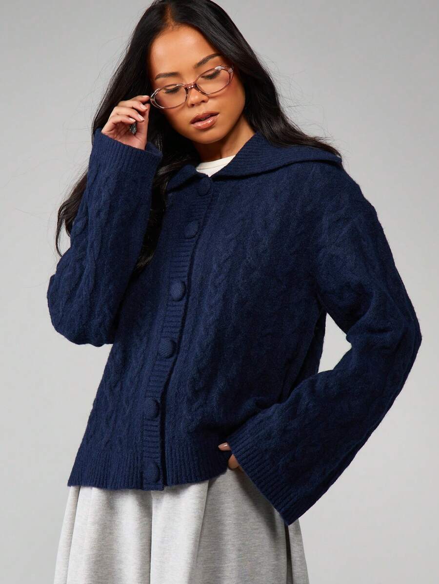 MISSGUIDED Relaxed Fit Cable Knit Button Front Cardigan With Hood For Cozy Autumn Winter Layering - Navy Blue - View 1