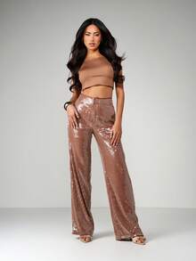 MISSGUIDED Sequined High-Waisted Wide Leg Palazzo Trousers For Evening Party Occasions - Khaki - View 3
