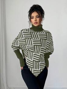 Selianne Women's Elegant High Neck Geometric Textured Poncho Sweater, Colorblock, Suitable For Home & Travel, Spring/Autumn - Army Green - View 3