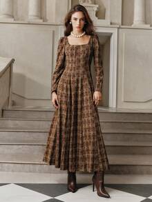 Anewsta Savoree Vestido elegante y vintage con mangas abullonadas a lunares y cuadros, adecuado para otoño, invierno, Año Nuevo, fiestas, bodas - Marrón - Ver 3