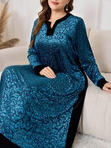 Lacomfia 复古蓝色提花撞色连衣裙，女士长袖V领宽松显瘦大码优雅长裙 - 藍色 - 查看 1