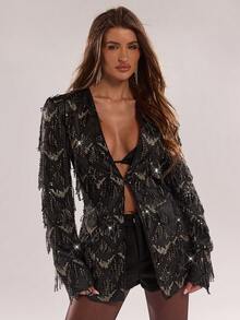 SHEIN BAE Women's Long-Sleeve Sequined Fringe Single-Button Elegant Fashion Blazer,, Perfect For Parties,And Festive Occasions Party Blazer, Black Fringe Blazer - Black - View 3
