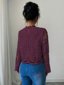 Elenzga 2025秋季新款法式时尚修身高品质蕾丝长袖短款上衣，休闲衬衫，适合通勤、度假、约会、外出、节日、花园、家庭聚会、劳动节、节日庆典、独立日、返校季、教师节、万圣节、感恩节等场合穿着。 - 酒紅色 - 查看 2