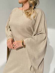 Auralis 大码女装春秋时尚优雅宽松舒适日常修身腰带杏色披肩长裙，保守连衣裙，春季服装，休闲长裙，Jalabiya - 卡其色 - 查看 5