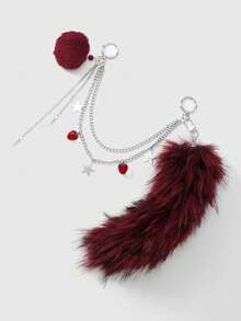 ROMWE Goth 1件 Y2K 朋克复古高品质银色镂空双层链条星形铆钉树脂草莓酒红色蓬松仿渐变闪亮动物狐狸尾巴钥匙扣包挂件，适合角色扮演、日常佩戴、礼物